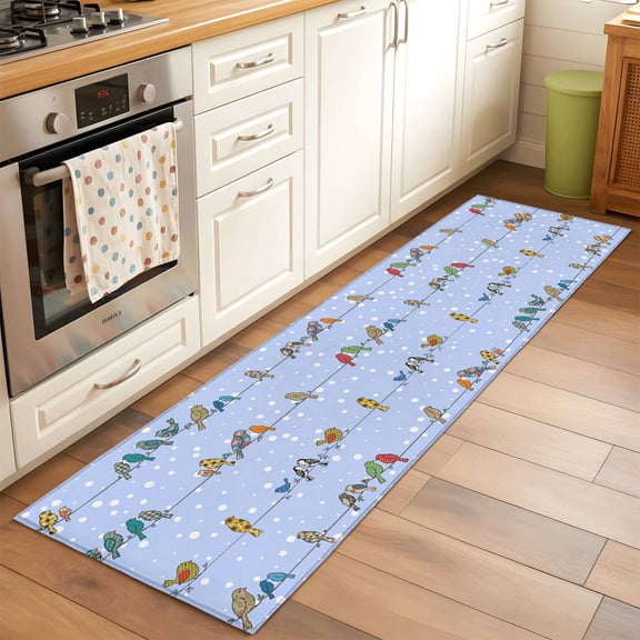 Runner Rug for Bedroom Hallway, Birds Sparrows on Cables Kitchen Runner Rugs Area Rug 2x6ft, White Snow Points Washable Soft Floor Carpet for Entryway Stair