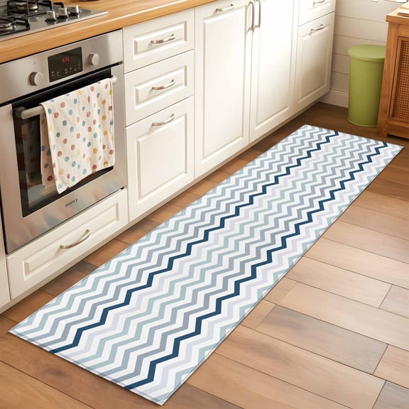 Runner Rug for Bedroom Hallway, Blue Gray Chevron Modern Geometric Art Kitchen Runner Rugs Area Rug 2x6ft, Zig Zag Lines Washable Soft Floor Carpet for Entryway Stair