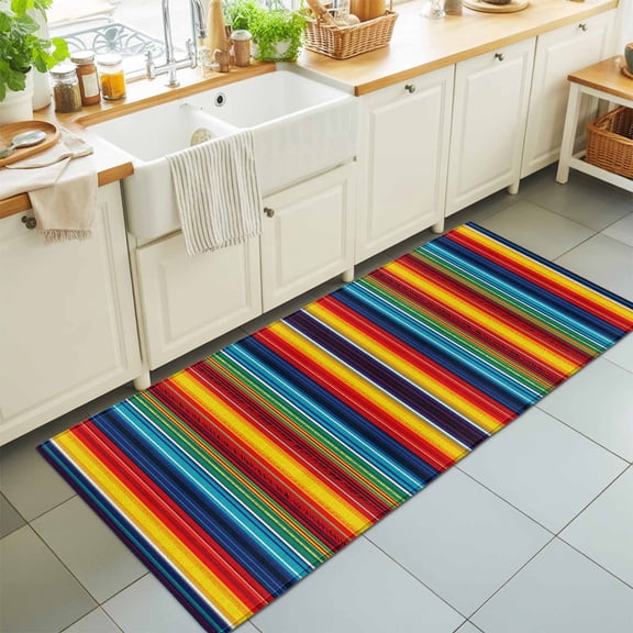 Runner Rug for Bedroom Hallway, Boho Ethnic Mexican Stripes Kitchen Runner Rugs Area Rug 2x6ft, Native Colorful American Stripe Washable Soft Floor Carpet for Entryway Stair