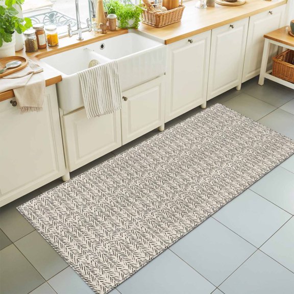 Runner Rug for Bedroom Hallway, Brown Herringbone Art Kitchen Runner Rugs Area Rug 2x6ft, Abstract Geometric Striped on Linen Washable Soft Floor Carpet for Entryway Stair