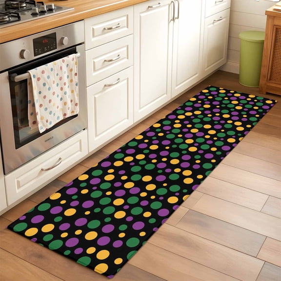 Runner Rug for Bedroom Hallway, Carnival Colorful Polka Dots Kitchen Runner Rugs Area Rug 2x6ft, Green Purple Yellow Dot on Black Washable Soft Floor Carpet for Entryway Stair