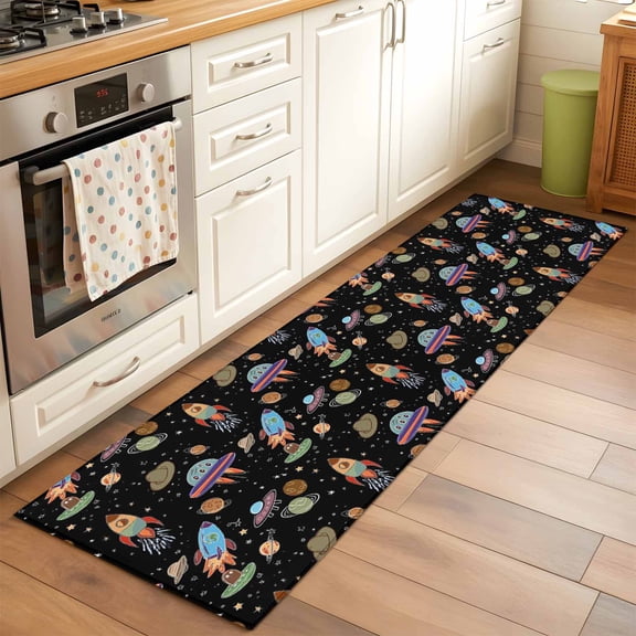 Runner Rug for Bedroom Hallway, Cartoon Rocket Space Planet Kitchen Runner Rugs Area Rug 2x6ft, Cute Spaceship on Black Washable Soft Floor Carpet for Entryway Stair