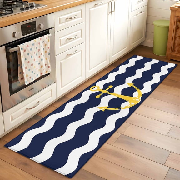 Runner Rug for Bedroom Hallway, Chic Nautical Anchor on Navy Blue White Sripes Kitchen Runner Rugs Area Rug 2x6ft, Chevron Zig Zag Washable Soft Floor Carpet for Entryway Stair