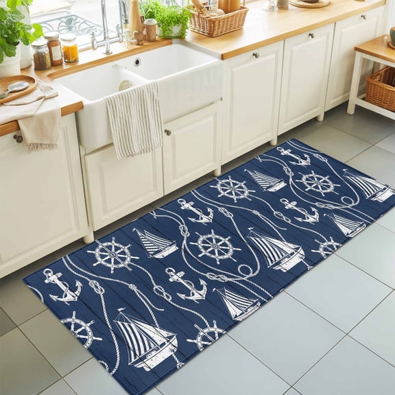 Runner Rug for Bedroom Hallway, Coastal Sailboat Compass Anchor Kitchen Runner Rugs Area Rug 2x6ft, Nautical Theme Navy Blue Wood Washable Soft Floor Carpet for Entryway Stair