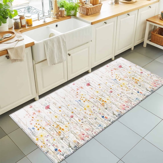 Runner Rug for Bedroom Hallway, Colorful Flower Country Floral Kitchen Runner Rugs Area Rug 2x6ft, Wildflower Watercolor Washable Soft Floor Carpet for Entryway Stair