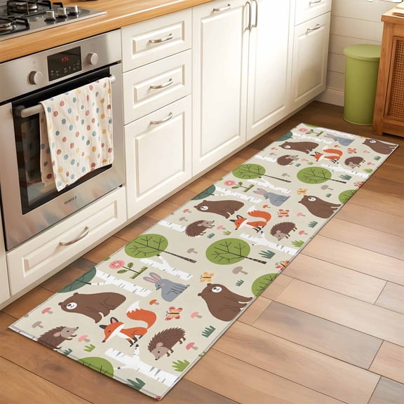 Runner Rug for Bedroom Hallway, Cute Bear Hedgehog Fox Kitchen Runner Rugs Area Rug 2x6ft, Cartoon Tree Wild Flower Washable Soft Floor Carpet for Entryway Stair
