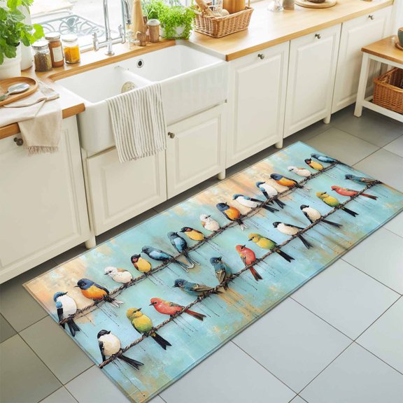Runner Rug for Bedroom Hallway, Cute Bird Cartoon Style Kitchen Runner Rugs Area Rug 2x6ft, Blue Gradient Washable Soft Floor Carpet for Entryway Stair