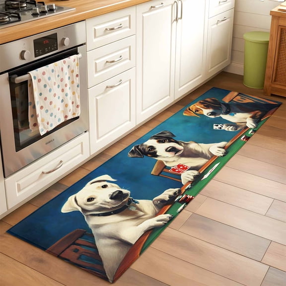 Runner Rug for Bedroom Hallway, Dog Playing Poker Kitchen Runner Rugs Area Rug 2x6ft, Abstract Animal in The Room Washable Soft Floor Carpet for Entryway Stair