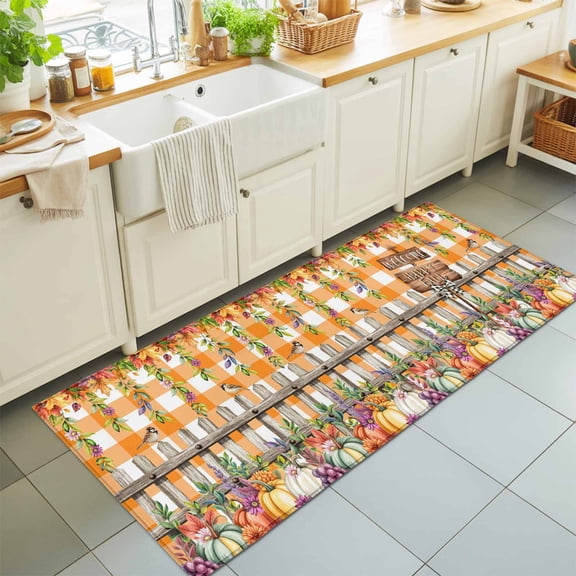 Runner Rug for Bedroom Hallway, Fall Leaves Thanksgiving Pumpkin Kitchen Runner Rugs Area Rug 2x6ft, Farm Fence Orange Plaid Washable Soft Floor Carpet for Entryway Stair
