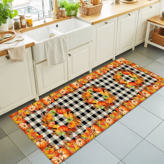 Runner Rug for Bedroom Hallway, Fall Maple Leaf Thanksgiving Orange Pumpkin Kitchen Runner Rugs Area Rug 2x6ft, Retro Black Plaid Washable Soft Floor Carpet for Entryway Stair