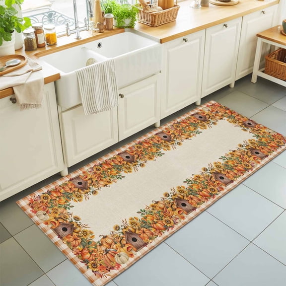 Runner Rug for Bedroom Hallway, Fall Thanksgiving Pumpkin Cabin Kitchen Runner Rugs Area Rug 2x6ft, Orange Checker Retro Linen Washable Soft Floor Carpet for Entryway Stair