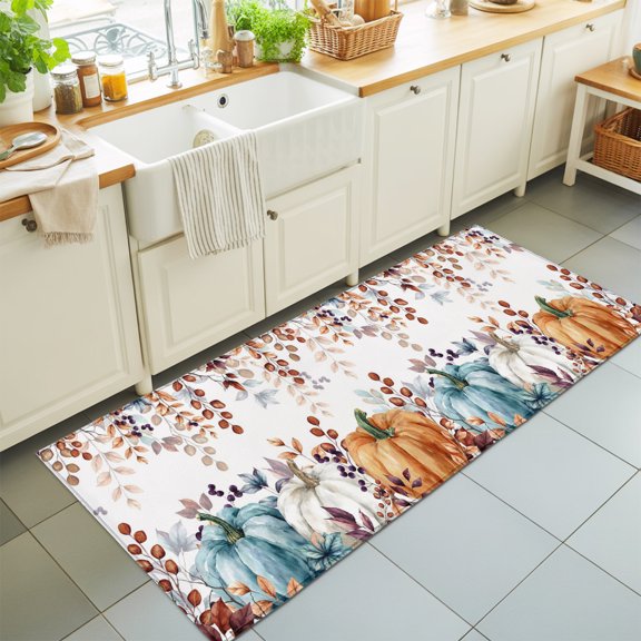 Runner Rug for Bedroom Hallway, Fall Thanksgiving Pumpkin Orange Eucalyptus Leaf Kitchen Runner Rugs Area Rug 2x6ft, Autumn Fallen Leaves Washable Soft Floor Carpet for Entryway Stair