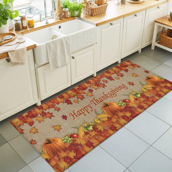 Runner Rug for Bedroom Hallway, Farm Gradient Maple Leaves Kitchen Runner Rugs Area Rug 2x6ft, Fall Harvest Corn Retro Linen Washable Soft Floor Carpet for Entryway Stair