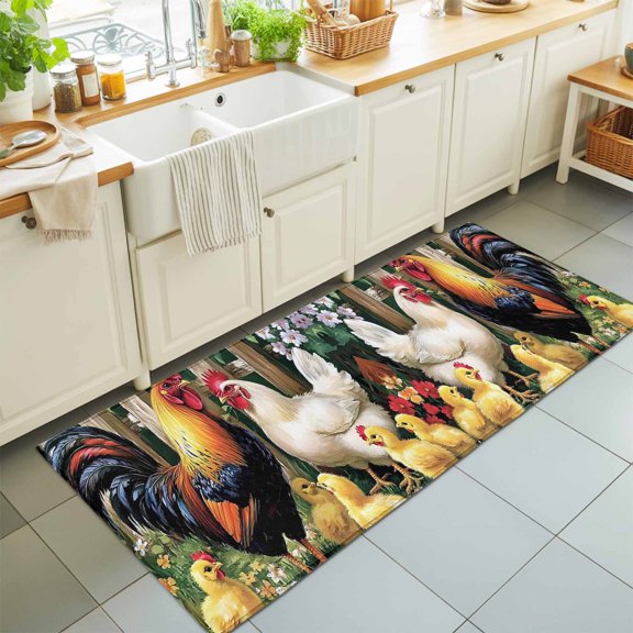 Runner Rug for Bedroom Hallway, Farmhouse Rooster Hen Chick Kitchen Runner Rugs Area Rug 2x6ft, Wooden Fence Flower Washable Soft Floor Carpet for Entryway Stair