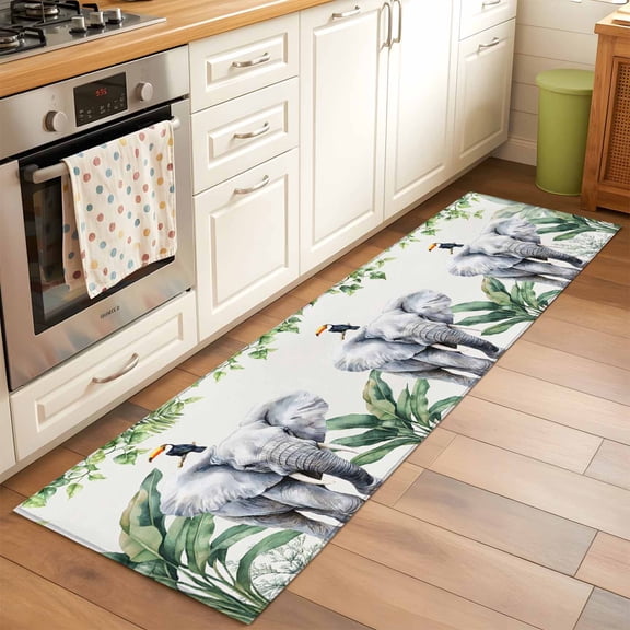Runner Rug for Bedroom Hallway, Fun Elephant Tropical Palm Leaf Kitchen Runner Rugs Area Rug 2x6ft, Green Jungle Bird Washable Soft Floor Carpet for Entryway Stair