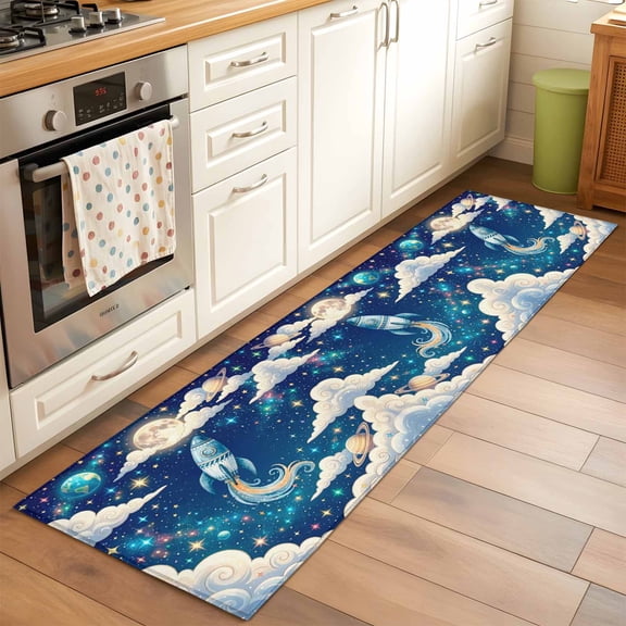 Runner Rug for Bedroom Hallway, Galaxy Stars Moon Planets Kitchen Runner Rugs Area Rug 2x6ft, Cloud Dream Sky Rocket Washable Soft Floor Carpet for Entryway Stair