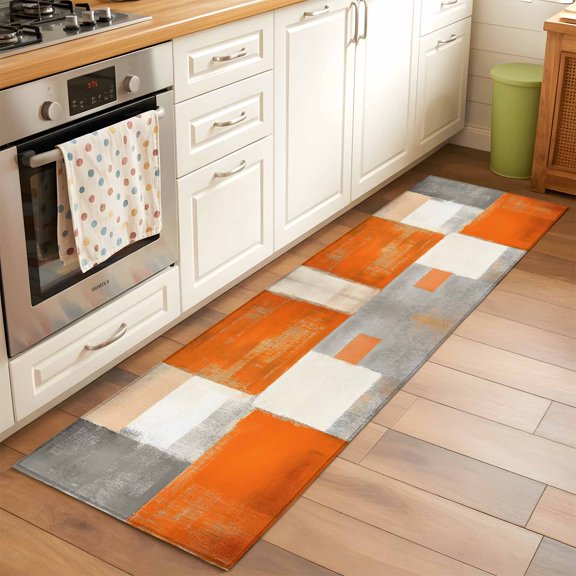 Runner Rug for Bedroom Hallway, Gray Orange Color Block Kitchen Runner Rugs Area Rug 2x6ft, Watercolor Oil Painting Art Washable Soft Floor Carpet for Entryway Stair