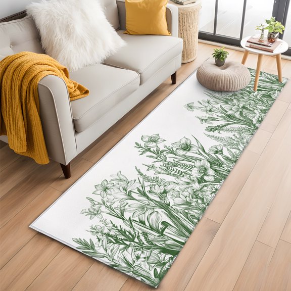 Runner Rug for Bedroom Hallway, Green Flowers Iris Lavender Leaves Kitchen Runner Rugs Area Rug 2x6ft, Spring Botanical Washable Soft Floor Carpet for Entryway Stair