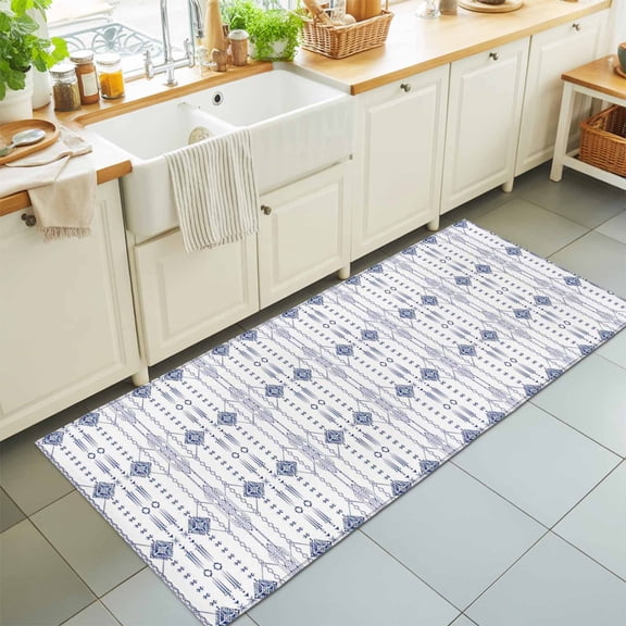 Runner Rug for Bedroom Hallway, Ikat Ethnic Seamless Kitchen Runner Rugs Area Rug 2x6ft, Indian Tribal Texture on White Washable Soft Floor Carpet for Entryway Stair