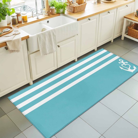 Runner Rug for Bedroom Hallway, Love Nautical Anchor on Blue Kitchen Runner Rugs Area Rug 2x6ft, Classic Horizontal Stripes Washable Soft Floor Carpet for Entryway Stair
