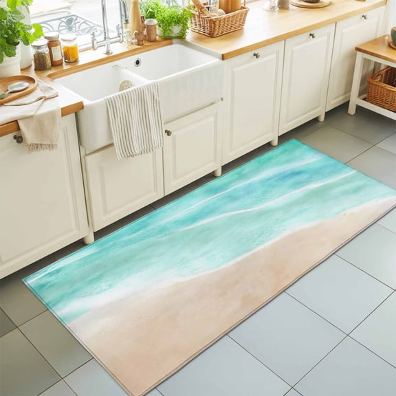Runner Rug for Bedroom Hallway, Minimalist Beach Shore Kitchen Runner Rugs Area Rug 2x6ft, Turquoise Ocean Water Washable Soft Floor Carpet for Entryway Stair