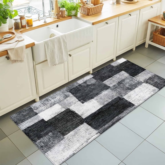 Runner Rug for Bedroom Hallway, Modern Black Gray White Gradient Kitchen Runner Rugs Area Rug 2x6ft, Abstract Color Block Washable Soft Floor Carpet for Entryway Stair