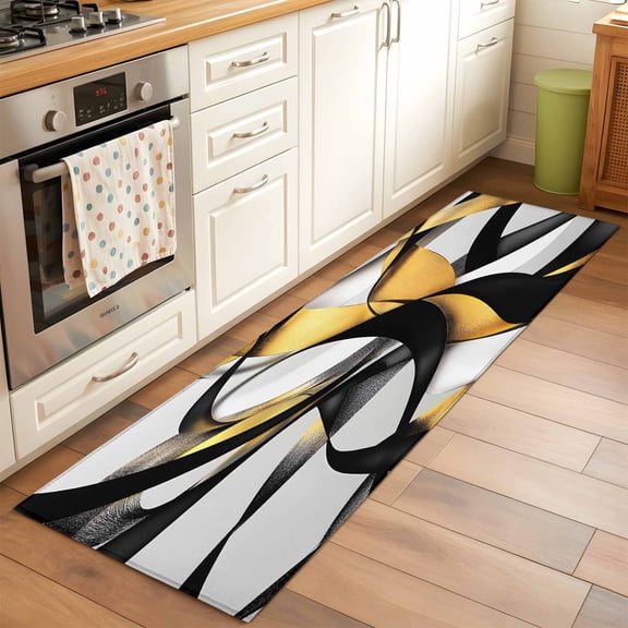 Runner Rug for Bedroom Hallway, Modern Geometric Stripe Texture Kitchen Runner Rugs Area Rug 2x6ft, Abstract Gold Black White Line Washable Soft Floor Carpet for Entryway Stair