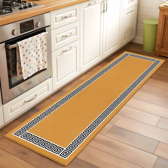 Runner Rug for Bedroom Hallway, Modern Greek Geometric Art on Orange Kitchen Runner Rugs Area Rug 2x6ft, Geometric Washable Soft Floor Carpet for Entryway Stair