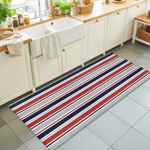 Runner Rug for Bedroom Hallway, Modern Navy Blue Gray Red Stripe Kitchen Runner Rugs Area Rug 2x6ft, Abstract Minimalist Line Washable Soft Floor Carpet for Entryway Stair