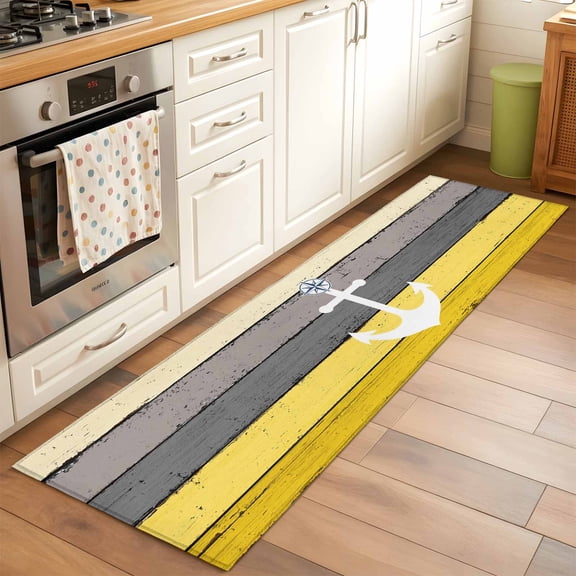 Runner Rug for Bedroom Hallway, Nautical Anchor Compass Kitchen Runner Rugs Area Rug 2x6ft, Farm Yellow Gradient Wood Grain Washable Soft Floor Carpet for Entryway Stair
