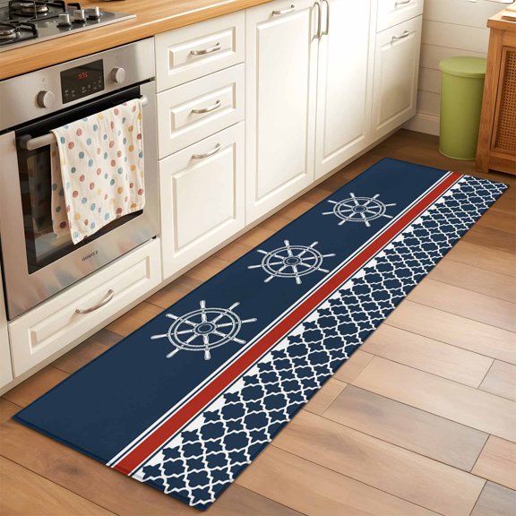 Runner Rug for Bedroom Hallway, Nautical Compass Retro Geometric Kitchen Runner Rugs Area Rug 2x6ft, Red and White Stripes Washable Soft Floor Carpet for Entryway Stair
