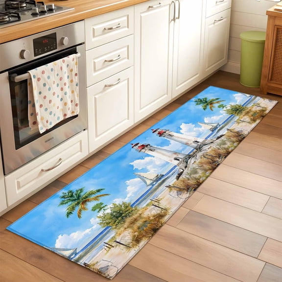 Runner Rug for Bedroom Hallway, Ocean Lighthouse Boat Summer Beach Grass Kitchen Runner Rugs Area Rug 2x6ft, Blue Sky Washable Soft Floor Carpet for Entryway Stair