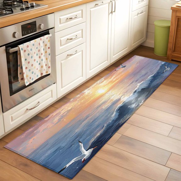 Runner Rug for Bedroom Hallway, Ocean Sunset Scene Oil Painting Kitchen Runner Rugs Area Rug 2x6ft, Marine Beach Seagull Washable Soft Floor Carpet for Entryway Stair