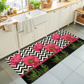 Runner Rug for Bedroom Hallway, Pink Poppy Flower Retro Boho Kitchen Runner Rugs Area Rug 2x6ft, Abstract Black Herringbone Washable Soft Floor Carpet for Entryway Stair