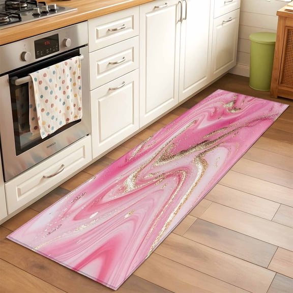 Runner Rug for Bedroom Hallway, Pink Water Ripple Gold Foil Kitchen Runner Rugs Area Rug 2x6ft, Abstract Wave Minimalist Style Washable Soft Floor Carpet for Entryway Stair