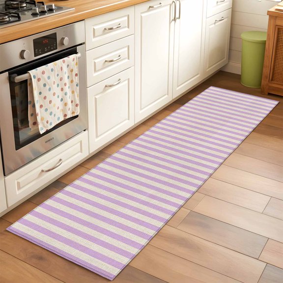 Runner Rug for Bedroom Hallway, Purple Stripes Retro Linen Kitchen Runner Rugs Area Rug 2x6ft, Vertical Striped Watercolor Line Washable Soft Floor Carpet for Entryway Stair