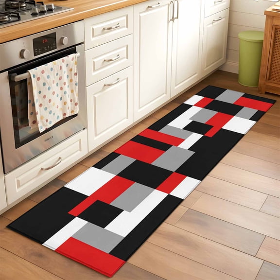 Runner Rug for Bedroom Hallway, Red Gray Color Block Kitchen Runner Rugs Area Rug 2x6ft, Modern Minimalist Style Washable Soft Floor Carpet for Entryway Stair