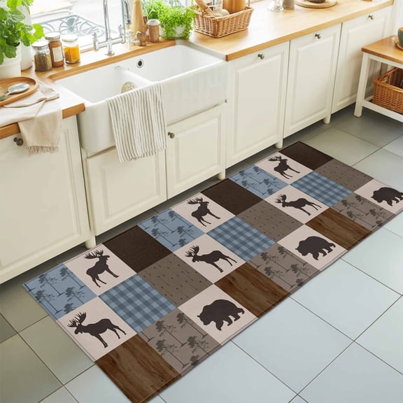 Runner Rug for Bedroom Hallway, Retro Deer Bear Plaid Check Kitchen Runner Rugs Area Rug 2x6ft, Abstract Patchwork Pattern Washable Soft Floor Carpet for Entryway Stair