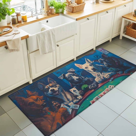 Runner Rug for Bedroom Hallway, Retro Dog Playing Poker Card Kitchen Runner Rugs Area Rug 2x6ft, Witty Animal Abstract Art Washable Soft Floor Carpet for Entryway Stair