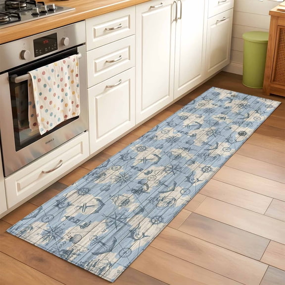 Runner Rug for Bedroom Hallway, Sailing Compass Anchor Lighthouse Kitchen Runner Rugs Area Rug 2x6ft, Map Fish on Wood Board Washable Soft Floor Carpet for Entryway Stair