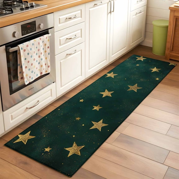 Runner Rug for Bedroom Hallway, Seamless Gold Star on Hunter Green Kitchen Runner Rugs Area Rug 2x6ft, Dream Starry Sky Washable Soft Floor Carpet for Entryway Stair