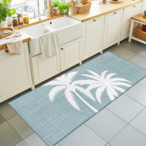 Runner Rug for Bedroom Hallway, Summer Coastal Palm Tree Silhouette Kitchen Runner Rugs Area Rug 2x6ft, Rustic Light Blue Burlap Washable Soft Floor Carpet for Entryway Stair