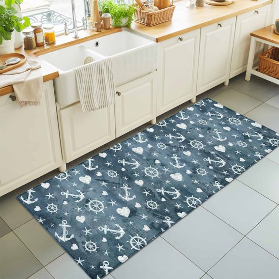 Runner Rug for Bedroom Hallway, Summer Marine Anchor Compass Kitchen Runner Rugs Area Rug 2x6ft, Retro Starfish Heart on Gray Blue Washable Soft Floor Carpet for Entryway Stair
