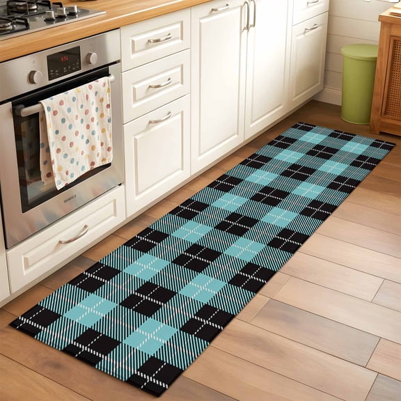 Runner Rug for Bedroom Hallway, Tartan Plaid Buffalo Grid Pattern Kitchen Runner Rugs Area Rug 2x6ft, Teal and Black Washable Soft Floor Carpet for Entryway Stair
