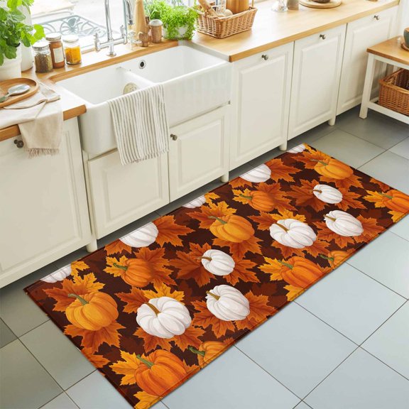Runner Rug for Bedroom Hallway, Thanksgiving Pumpkin Fall Orange Maple Leaf Kitchen Runner Rugs Area Rug 2x6ft, Autumn White Pumpkins Washable Soft Floor Carpet for Entryway Stair