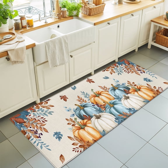 Runner Rug for Bedroom Hallway, Thanksgiving Pumpkins Fall Leaves Burnt Orange Kitchen Runner Rugs Area Rug 2x6ft, Retro Linen Washable Soft Floor Carpet for Entryway Stair