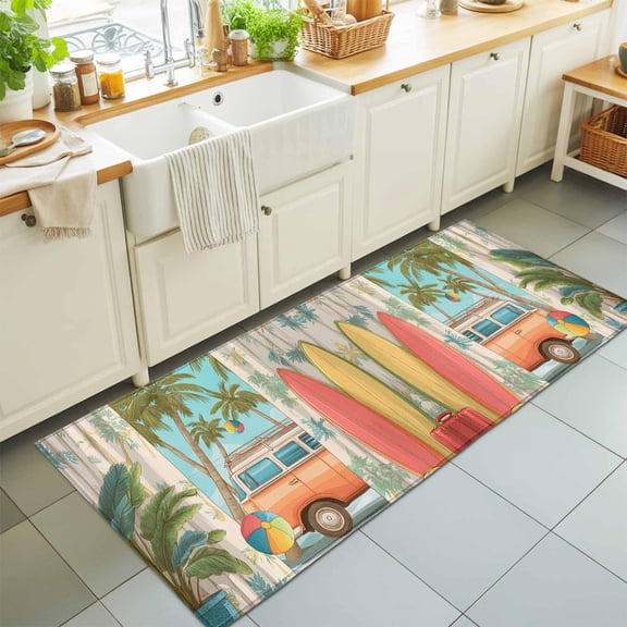 Runner Rug for Bedroom Hallway, Tropical Beach Vacation Surfboard Kitchen Runner Rugs Area Rug 2x6ft, Coconut Tree Camper Van Washable Soft Floor Carpet for Entryway Stair