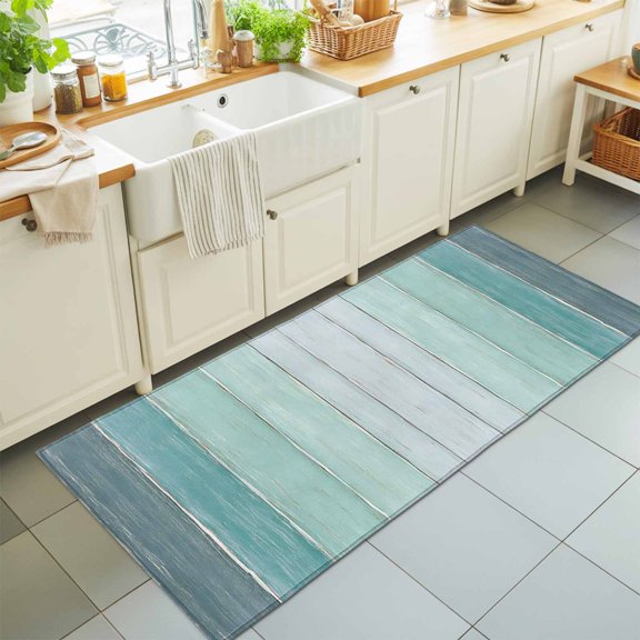 Runner Rug for Bedroom Hallway, Turquoise Ombre Wooden Plank Kitchen Runner Rugs Area Rug 2x6ft, Rustic Wood Board Washable Soft Floor Carpet for Entryway Stair
