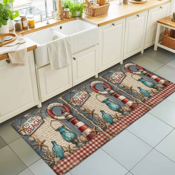 Runner Rug for Bedroom Hallway, Vintage Nautical Lighthouse on Wooden Kitchen Runner Rugs Area Rug 2x6ft, to The Beach Quote Washable Soft Floor Carpet for Entryway Stair