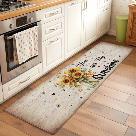 Runner Rug for Bedroom Hallway, Vintage Pastoral Sunflower Bee Kitchen Runner Rugs Area Rug 2x6ft, Sunshine Quote on Retro Letter Washable Soft Floor Carpet for Entryway Stair